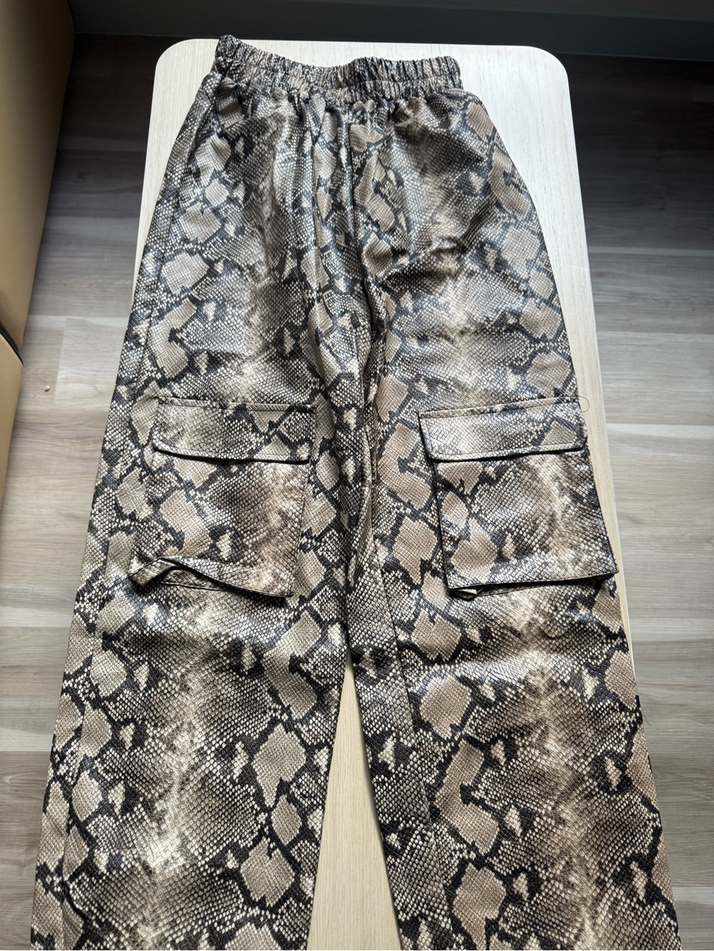 PrettyLittleThing Snake-Effect Cargo Trousers in Taupe & Black
